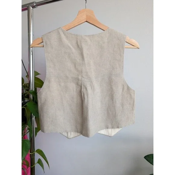 Free People 100% Linen Set 0 Shorts Vest Beige V Neck boho Malia - Picture 4 of 10